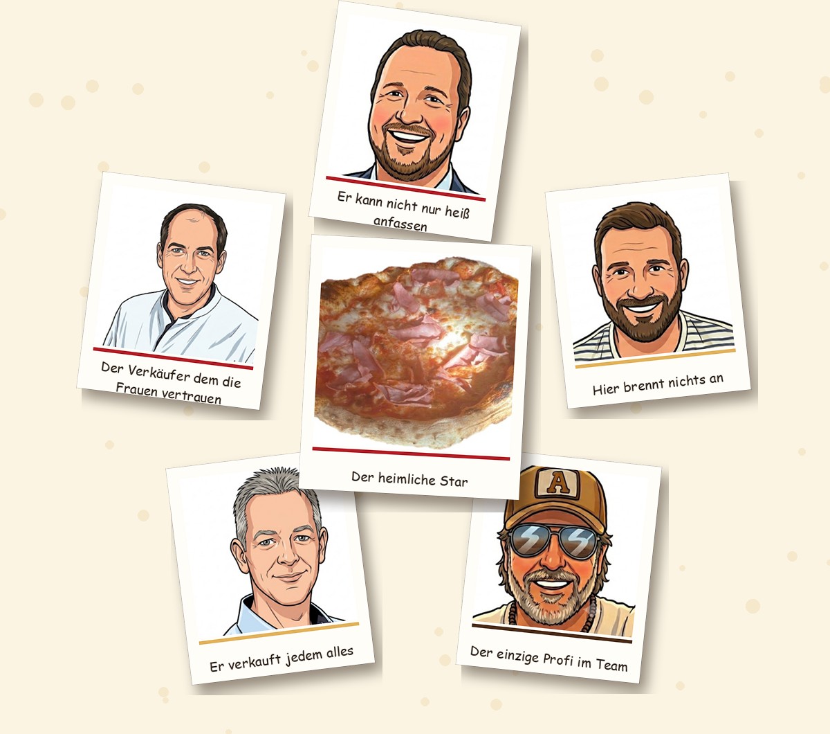 Lustiges Gruppenbild der Pizzabuben im Polaroid-Stil